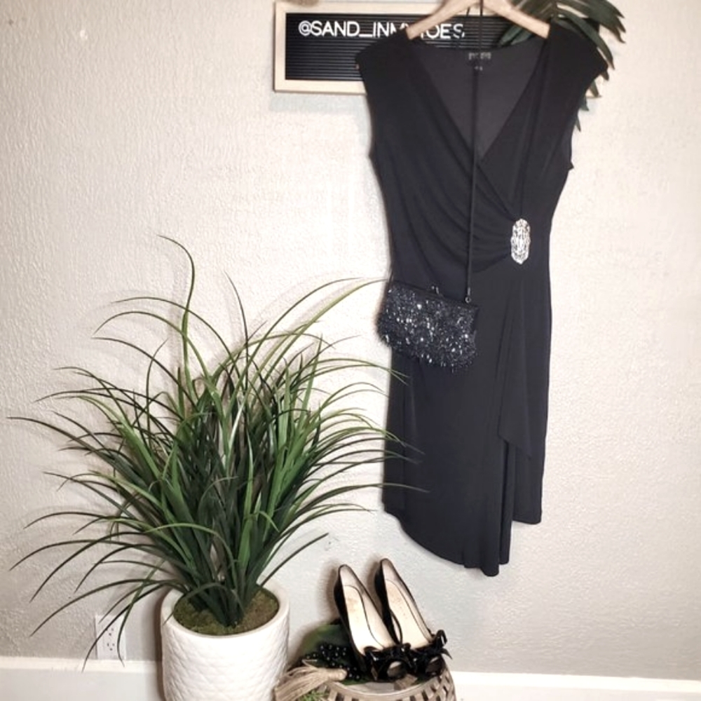 Enfocus Studio  Sleeveless Deep V neck dress w/side ruched, rhinestone